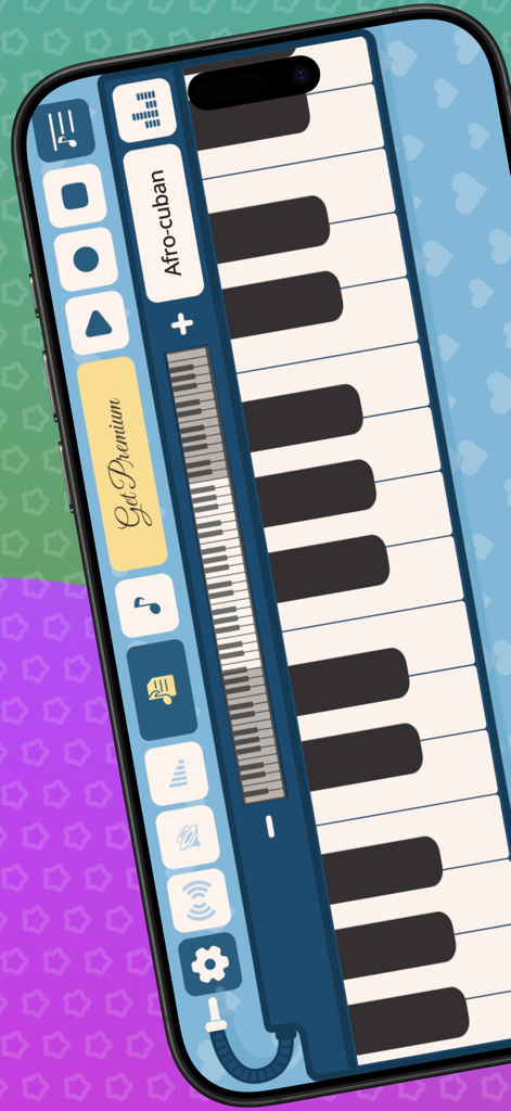 Simple Melodica - A smartphone screen showing the Simple Melodica app interface with a vertical piano keyboard and musical recording controls