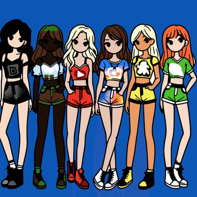 a group of girls wearing crop tops and shorts