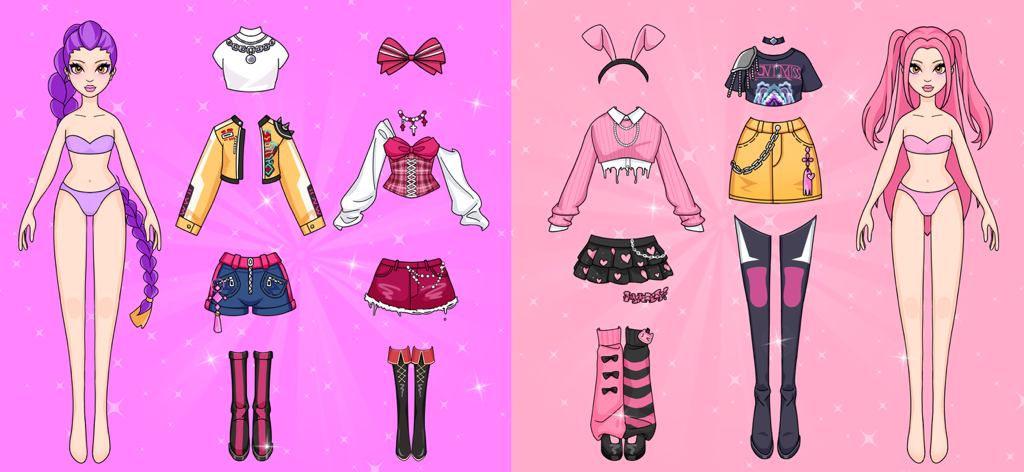 Two paper dolls displayed with various fashionable clothing items and accessories for DIY styling