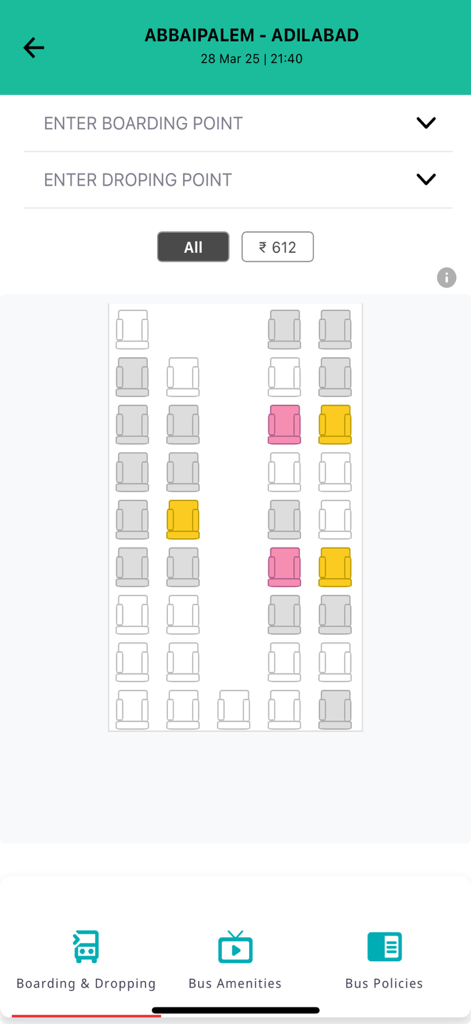 Interface de seleção de assentos do aplicativo móvel TGSRTC mostrando o layout do ônibus e o preço da passagem