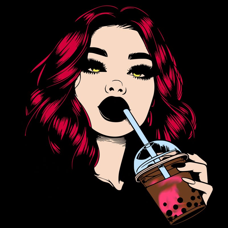 realistic girl with glossy lips holding boba