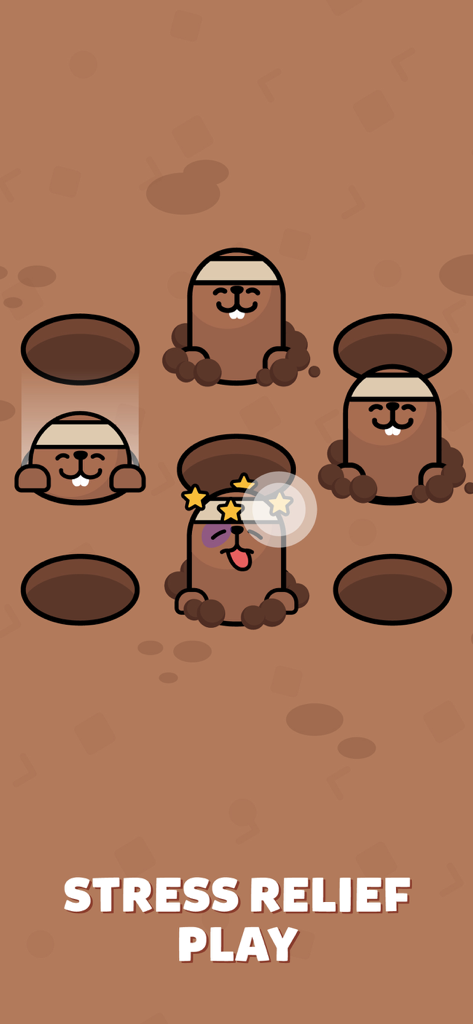 Mini Games: Calm & Relax - 귀여운 만화 두더지와 스트레스 해소 플레이 텍스트가 있는 두더지 잡기 미니 게임.