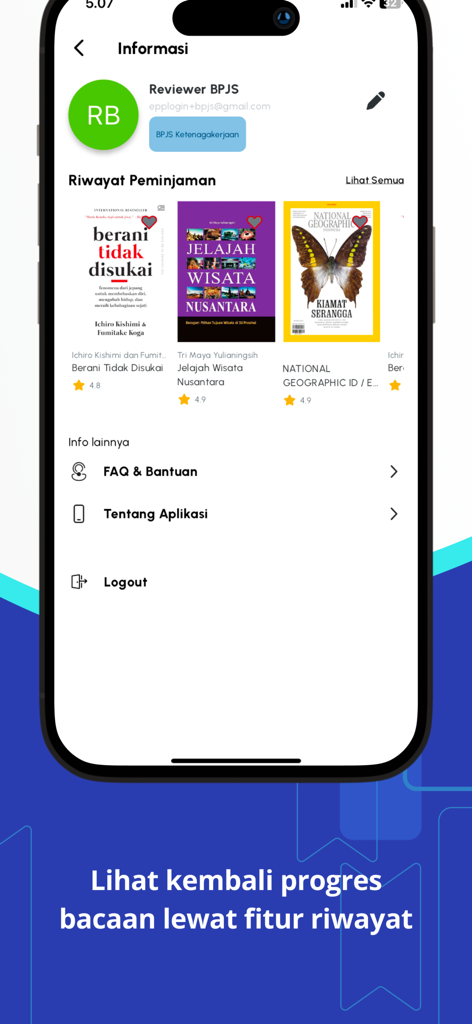 DiLA Digital Library - User profile screen of DiLA Digital Library app displaying borrowed books and magazines in the history section
