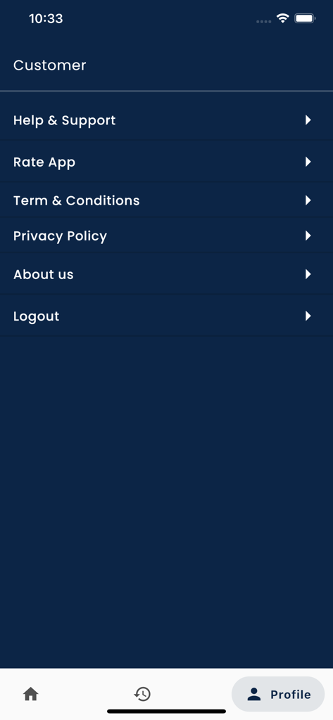 La pantalla del menú de perfil del cliente de la aplicación Marhaba Service que muestra enlaces para ayuda y soporte, términos y condiciones, y política de privacidad.