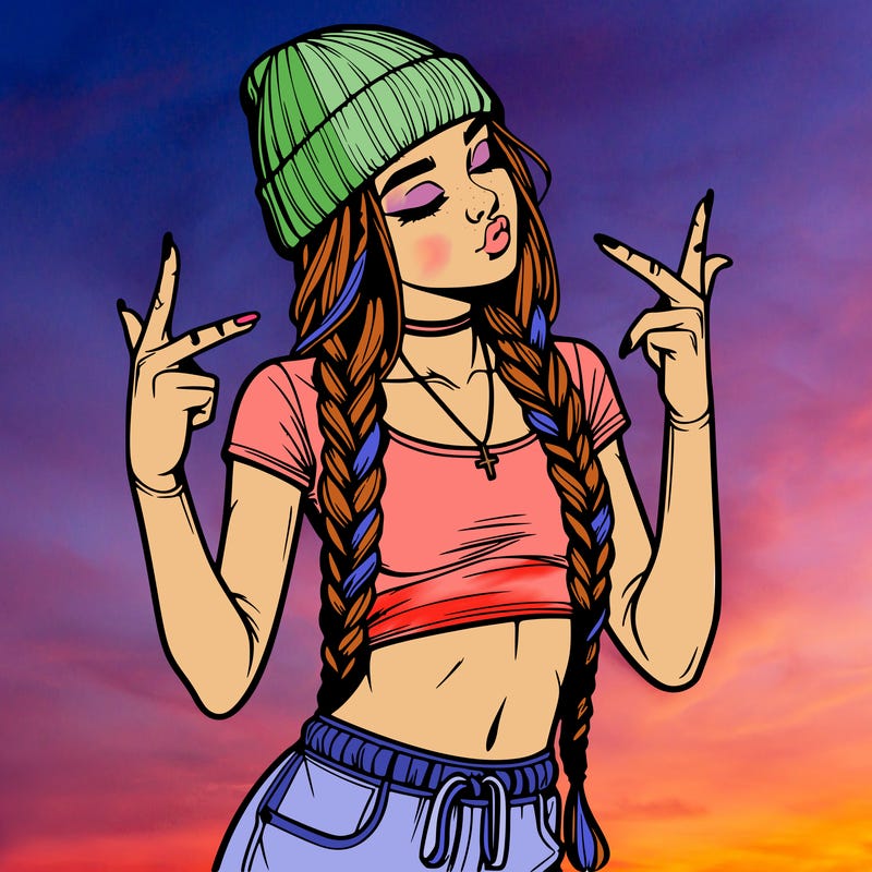 realistic teenage girl with braids and a beanie and crop top doing 🫶🏼