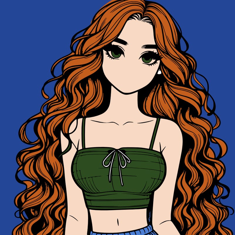 realistic girl with long curly hair and a crop top