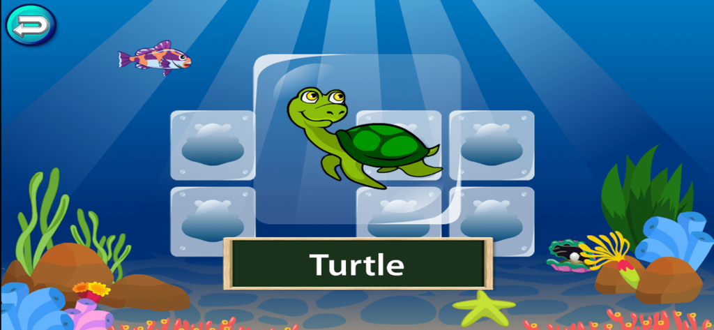 Match -Learning games for kids - Educational matching game screen featuring a cartoon turtle and its name in an underwater setting