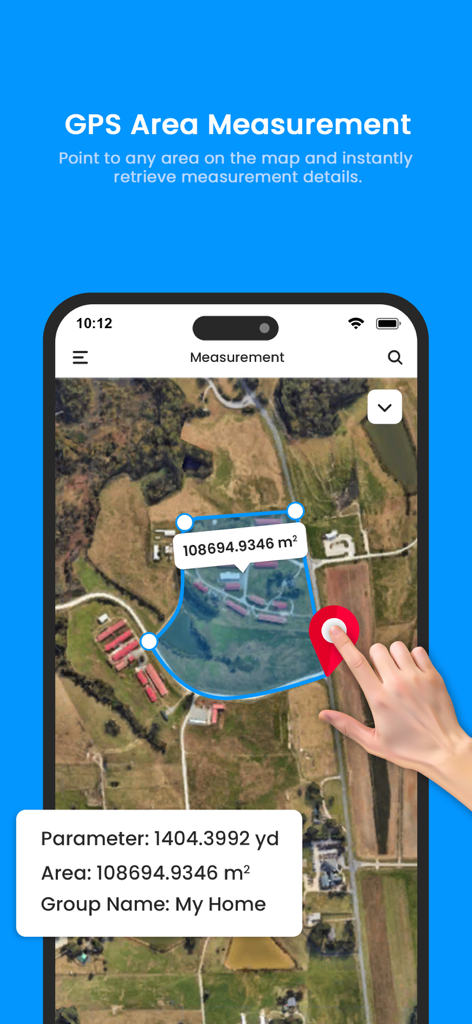 Gps Area Calculator: Land Calc - Interface do aplicativo GPS Area Calculator mostrando um terreno medido em um mapa de satélite com dados de área e perímetro
