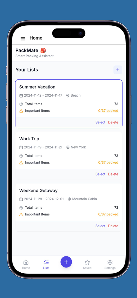 Packing list - checklist - Mobile app home screen showing travel packing lists for vacation and work trips