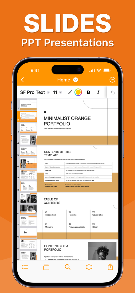 Interfaz de la aplicación móvil Office 7 mostrando un editor de presentaciones de PowerPoint con un tema minimalista de portafolio naranja y una vista general de diapositivas