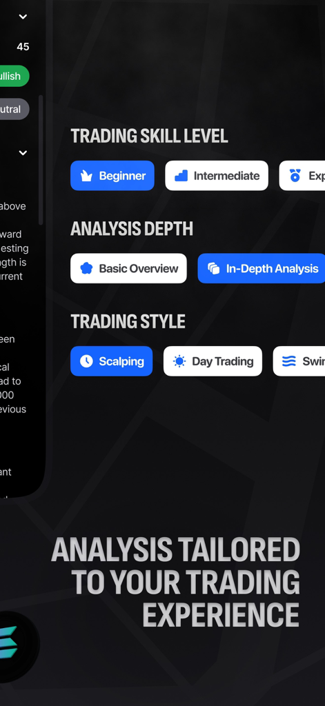 CryptoLens AI - Tela do aplicativo CryptoLens AI mostrando configurações para nível de habilidade de negociação, profundidade de análise e estilo de negociação