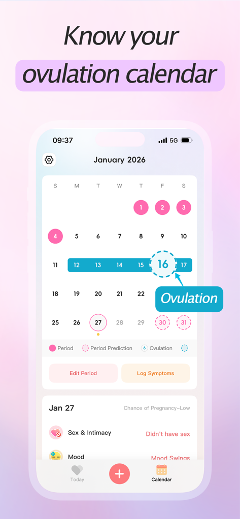 Period Tracker・Cycle Calendar - 배란 및 생리 예측 날짜가 강조 표시된 생리 주기 캘린더를 보여주는 스마트폰 화면.