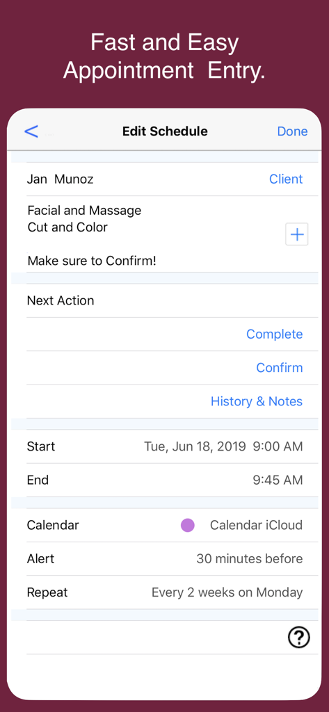 Interface for scheduling and editing client appointments in the Skincare Pro Business Manager app