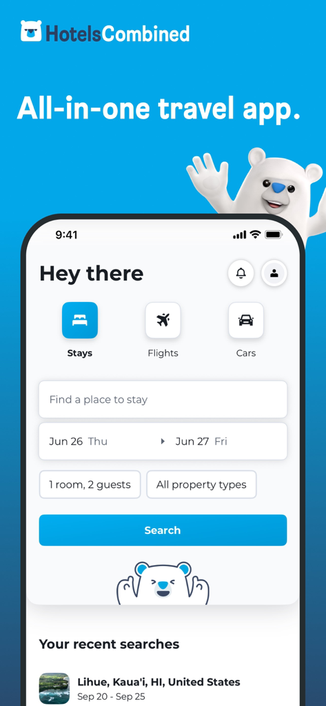 HotelsCombined: Hotel Search - HotelsCombined 앱 홈 화면, 숙박, 항공편, 렌터카 검색 옵션 표시