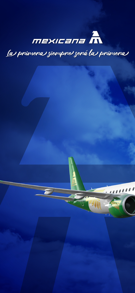 Mexicana - Mexicana airline app splash screen with logo slogan and a green airplane flying in a blue sky