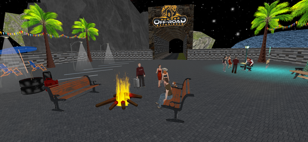 Xtreme Thrill Rock Jeep Run - Uma área de encontro externa noturna no jogo Xtreme Thrill Rock Jeep Run com uma fogueira e entrada para experiência off-road.