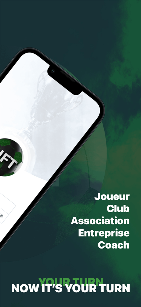 UFT - tournoi & match de foot - Marketing screen for UFT soccer tournament app showing user categories for players, clubs, and coaches with a call to action.