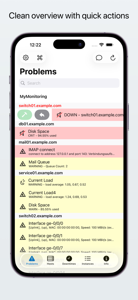easyNag Monitoring - easyNag app showing an overview of server monitoring problems and critical alerts