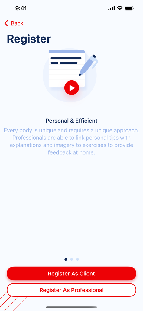 Sweevy - Sweevy registration screen showing options to sign up as a client or a health professional