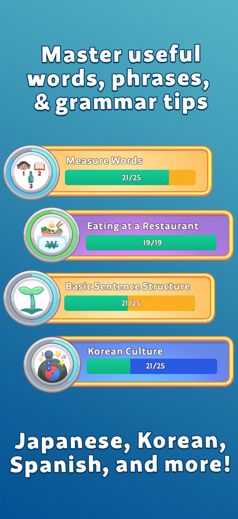 Lingo Legend Language Learning - A menu showing language learning categories like Measure Words and Korean Culture with progress bars in the Lingo Legend app.