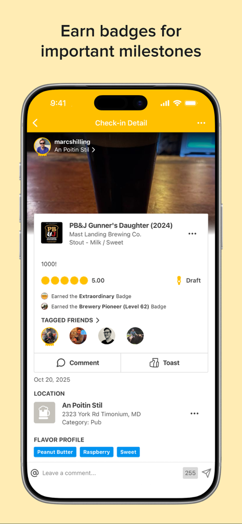 Untappd: Find Drinks You Love - Untappd mobile app displaying a beer check-in with a five-star rating and achievement badges.