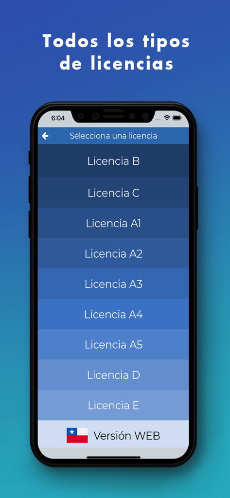 Interface of the PracticaTest app showing a list of different driving license categories available for study.