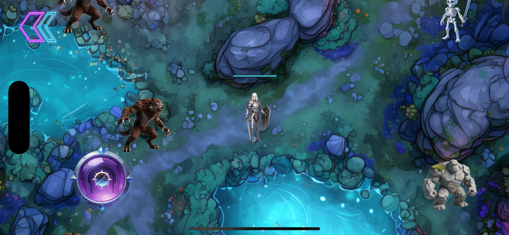 Tales of Mecha - A top-down gameplay view of a knight character in a mystical forest surrounded by werewolves and a rock golem in Tales of Mecha.