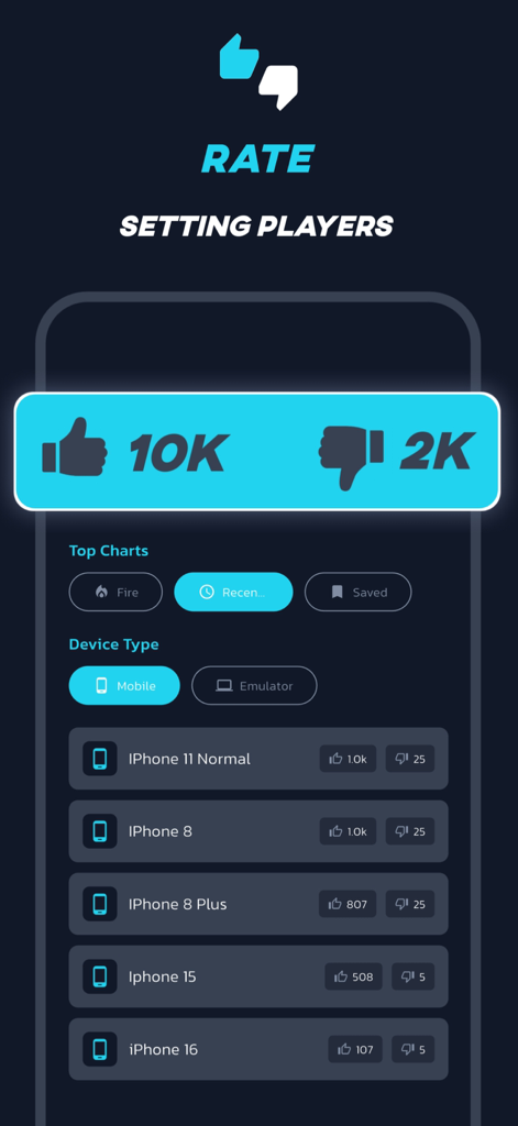 Interfaz de la aplicación Sensi Elite que muestra calificaciones de la comunidad para configuraciones de sensibilidad de juegos en diferentes modelos de iPhone
