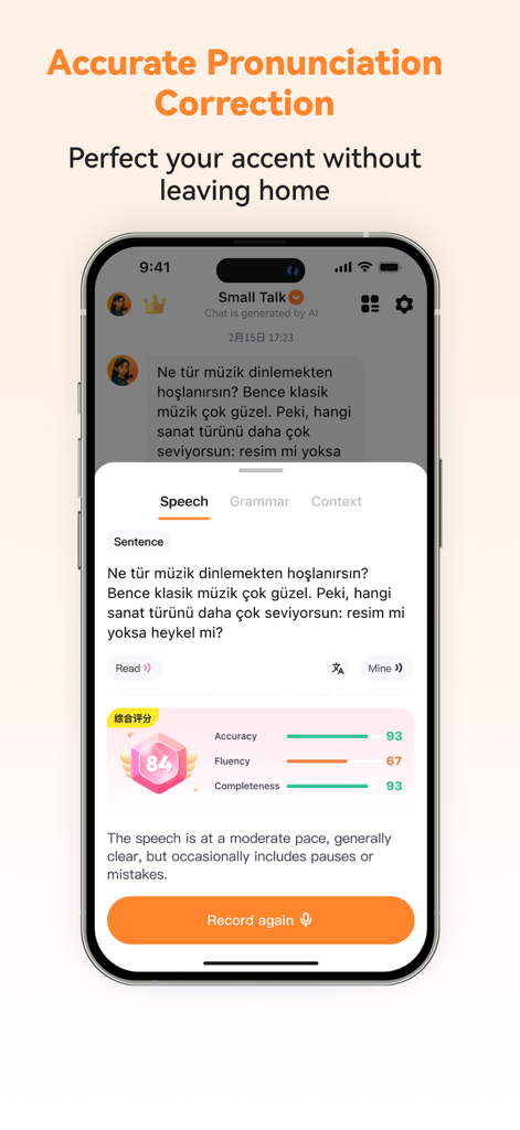 Turkish language learning app interface showing AI pronunciation correction and speech evaluation scores