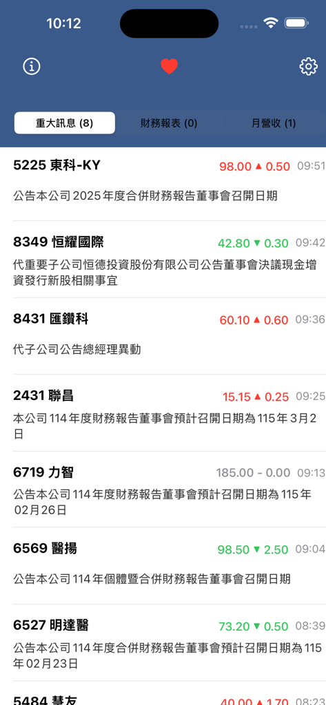 Smartphone screen of the MOPS Fast Filter app showing a feed of major corporate announcements from the Taiwan Stock Exchange
