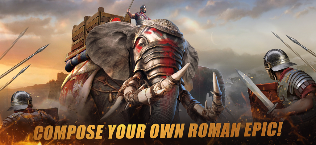 Grand War: Rome Strategy Games - A massive war elephant with a rider and tower alongside Roman soldiers in an epic battle scene