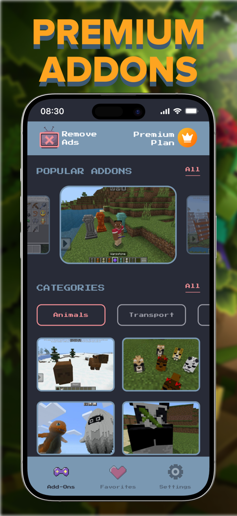 Curseforge Add-Ons for MCPE - Screenshot of the Curseforge Add-Ons for MCPE app showing popular Minecraft mods and animal categories.