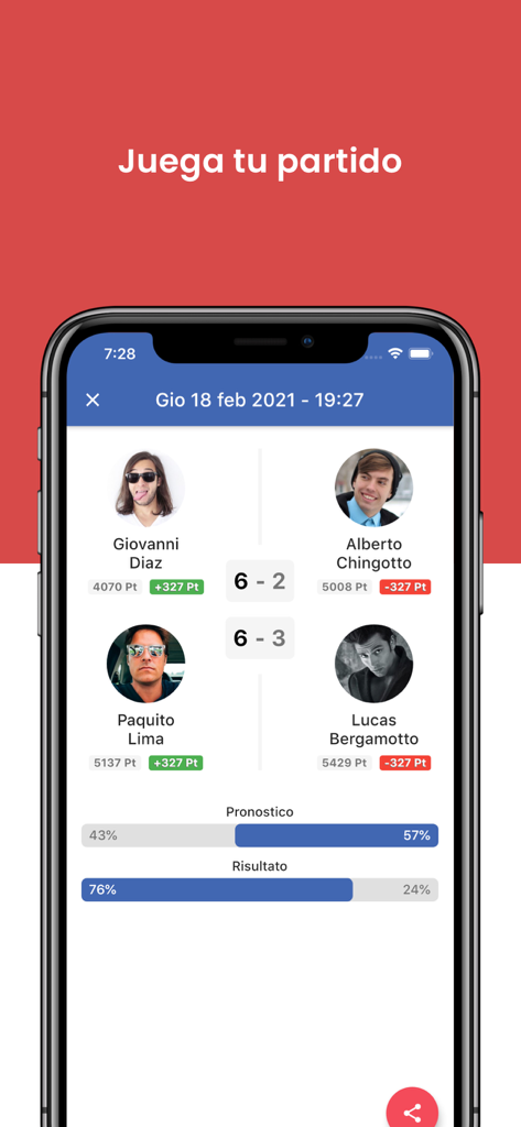Padel Ranking - A mobile app screen showing padel match results and individual player ranking point updates