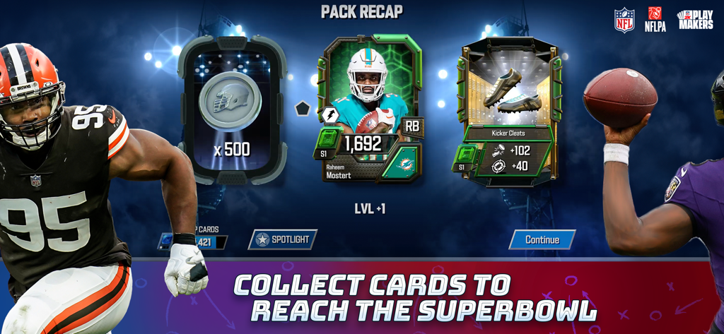 NFL 2K Playmakers - Schermata di riepilogo pacchetto in NFL 2K Playmakers che mostra una carta giocatore di Raheem Mostert e scarpe da kicker.