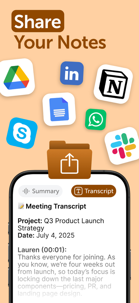 Smart Noter - AI Note Taker - Smart Noter app interface showing a meeting transcript with icons for sharing to Slack Notion and Google Drive