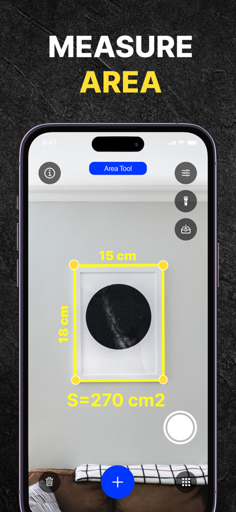 Measuring Tape+ Measure AR app - Captura de pantalla de iPhone de la aplicación Cinta Métrica+ usando la herramienta de área AR para medir un marco de fotos