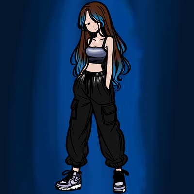 girl in baggy pants crop top and long hair