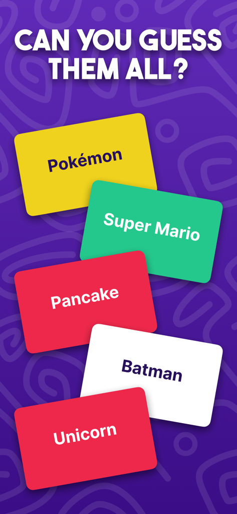 Charades: Family Games Night - Cartas coloridas con categorías como Pokemon y Super Mario en el juego de fiesta Charadas.