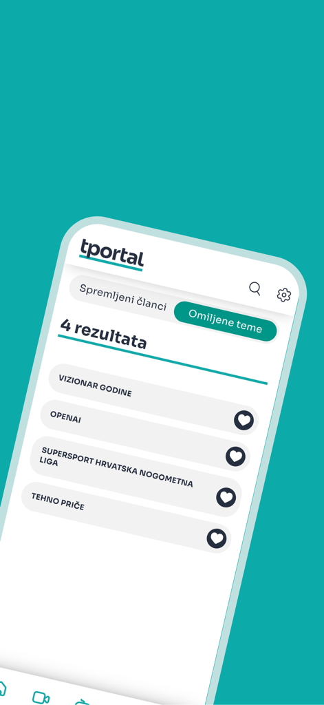 tportal - Tportal Mobile App-Oberfläche, die bevorzugte Nachrichtenthemen anzeigt, einschließlich der kroatischen Fußballliga und Technologie.