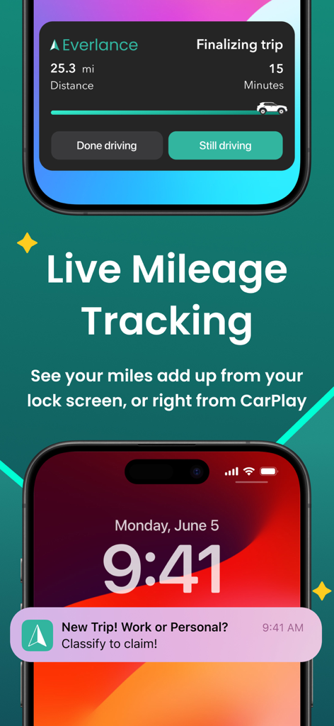 Everlance: Mileage Tracker - Everlance app showing live mileage tracking and trip classification notifications on a mobile lock screen.