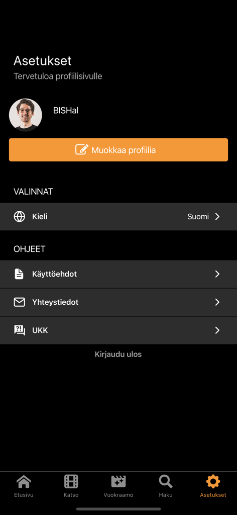 Kotikino - The settings screen of the Kotikino streaming app showing profile information, language options, and legal links in Finnish.
