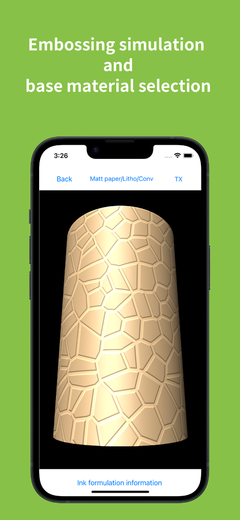 DIC COLOR GUIDE app screen showing embossing simulation and base material selection on a textured 3D object