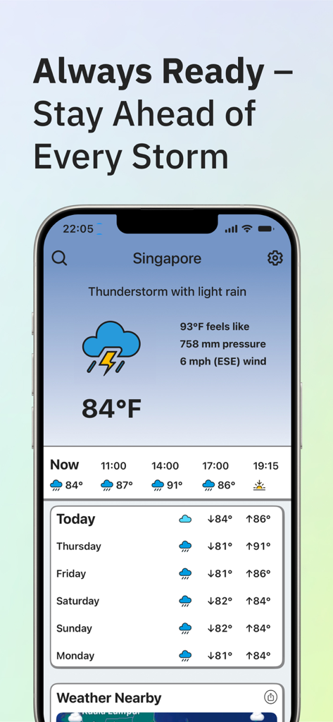 Interface do aplicativo Weather Cards mostrando previsão de tempestade e atualizações diárias do tempo