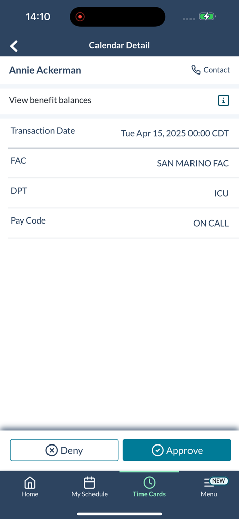 symplr Workforce - Mobile screen showing a manager's view to approve or deny an employee timecard request for an on-call shift.