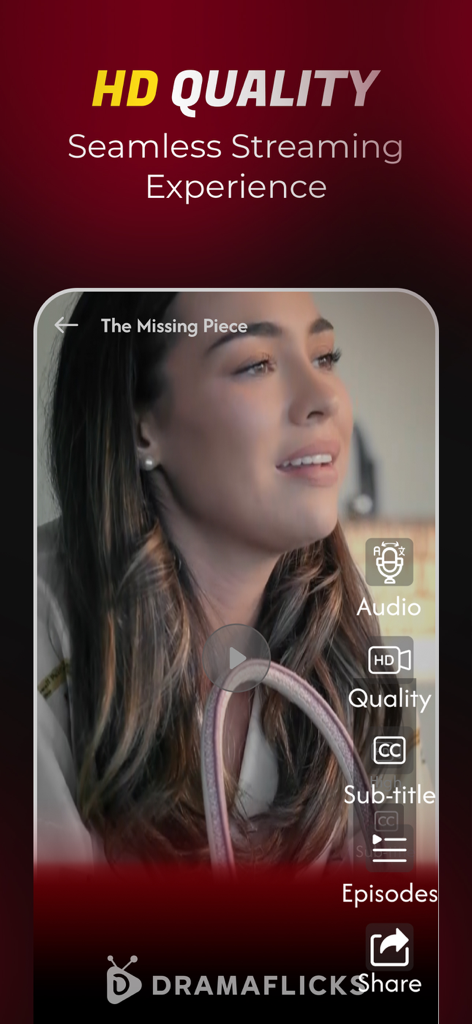 Screenshot of DramaFlicks app showcasing HD quality video streaming with a scene from a short drama