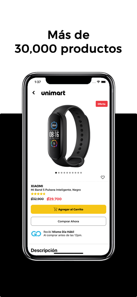 Unimart.com - 当日発送情報が表示されたXiaomiスマートバンドを示すUnimartモバイルショッピングアプリ