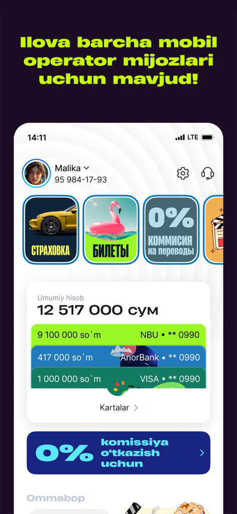 hambi (Beeline Uzbekistan) - Hambi app home screen displaying account balance linked bank cards and service icons for insurance and transfers
