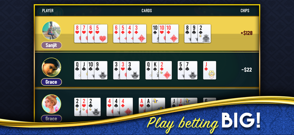 Una sesión multijugador de Rummy Indio que muestra las manos de los jugadores y el total de fichas