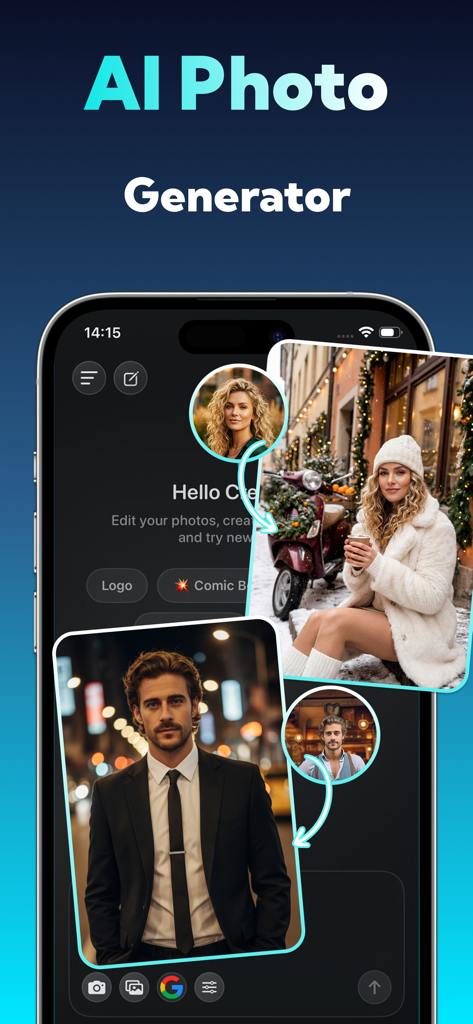 AI Photo Editor: Pixartia - Interface do aplicativo Pixartia mostrando retratos profissionais e retratos lifestyle gerados por IA a partir de selfies