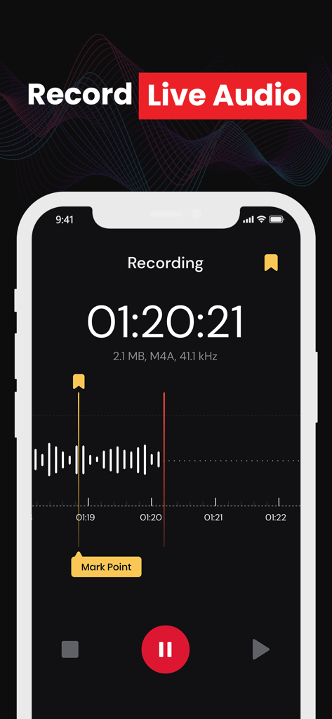 Recorder - Voice Memos - Interface móvel para gravação de áudio ao vivo com exibição de forma de onda e cronômetro.